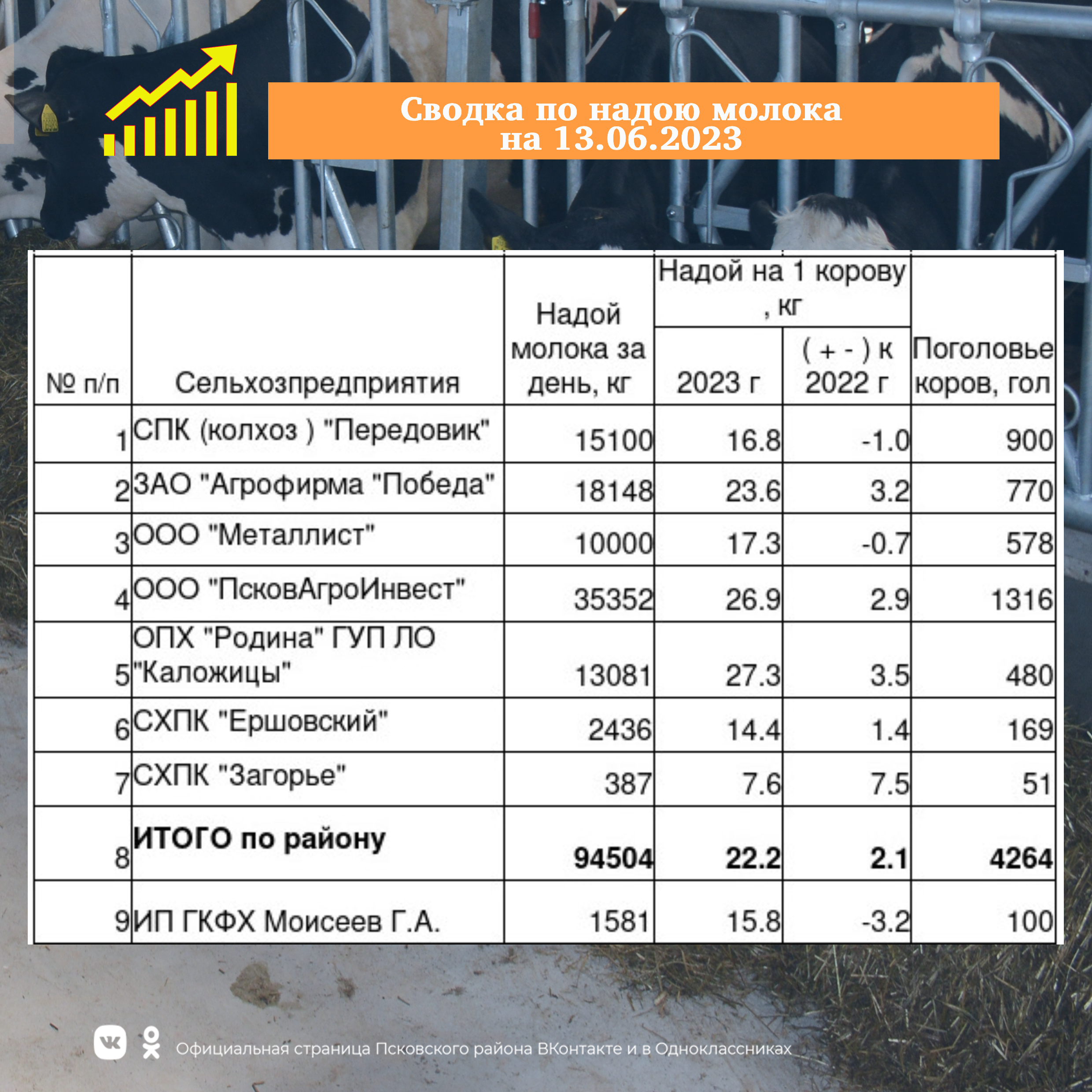 Сводка по надою молока на 13 июня  2023 года.